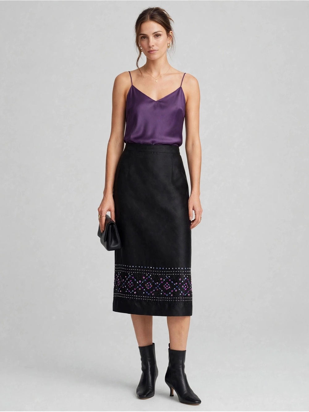 Ann Taylor 100% Silk Black Skirt w/ Purple Beaded Embroidered Hem Embellishment.